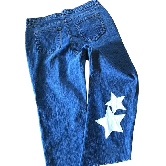 Upcycled Patchwork Jeans, Cropped Denim Hippie Pants with White Stars Size 16 - Picture 3 of 13